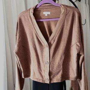 Colsie Brown Striped Cropped Knit V Neck Button Cardigan Sweater Sz L